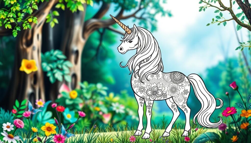 A DIY unicorn coloring page with a hand-drawn, whimsical style. In the foreground, a majestic unicorn with a flowing mane and horn, its body filled with intricate floral patterns. The unicorn stands amidst a lush, enchanted forest background, with vibrant greens, blues, and pops of color. Soft, diffused lighting casts a serene, dreamlike atmosphere. The composition encourages interaction, inviting the viewer to color and personalize the unicorn's design. This simple yet captivating illustration captures the essence of a relaxing, creative DIY unicorn coloring experience.