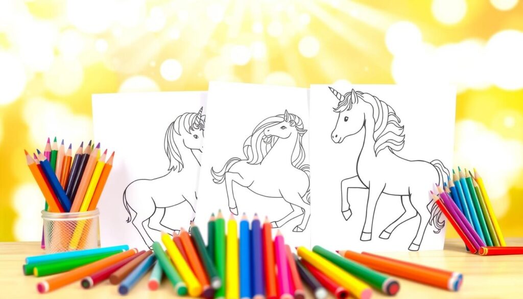 A bright, cheerful scene of vibrant unicorn coloring pages showcasing the accessibility and convenience of this engaging form of art. The pages are arranged neatly in the foreground, their detailed linework and blank spaces inviting the viewer to imagine the endless possibilities of color and creativity. The midground features an array of colorful pencils, markers, and crayons, hinting at the simple joy of coloring. The background is filled with a warm, sun-dappled gradient, conveying a sense of lightness and ease. The overall composition emphasizes the approachability and versatility of unicorn coloring pages, making them an accessible and convenient option for people of all ages and skill levels.