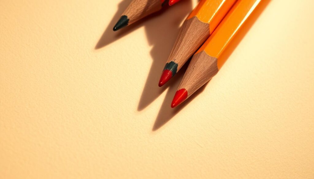A close-up view of several colored pencils, their tips gently blending together on a textured paper surface. The pencils are arranged diagonally, casting soft shadows that create a sense of depth. The lighting is warm and diffused, highlighting the vibrant hues and the subtle gradients formed by the blending techniques. The focus is sharp on the pencil tips, drawing the viewer's attention to the delicate, precise control required for this artistic medium. The overall composition conveys a sense of careful craftsmanship and the versatility of colored pencils for achieving detailed, lifelike effects.