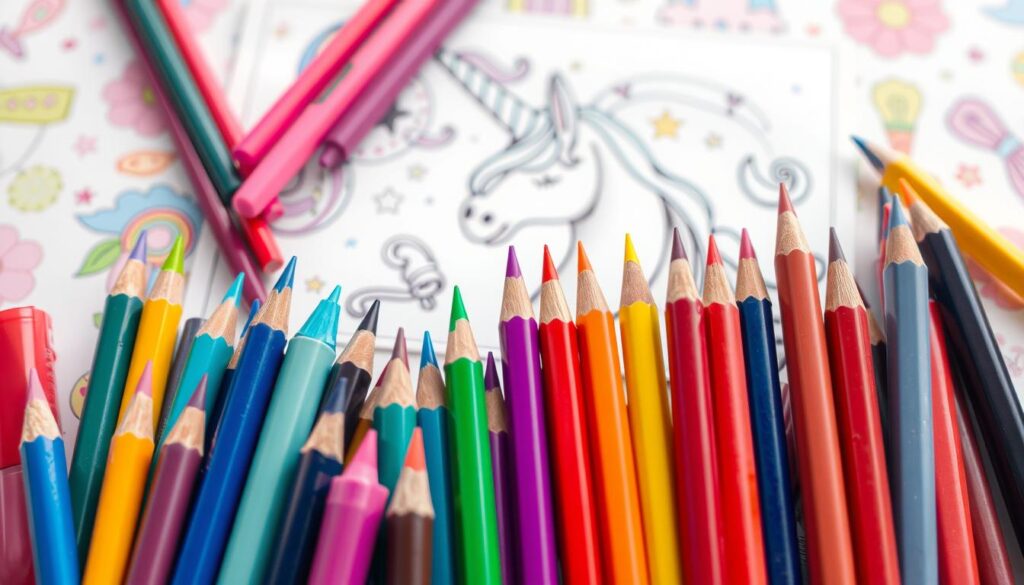 A colorful, vibrant unicorn coloring page design spread, featuring an array of artistic tools and supplies. In the foreground, a collection of vivid markers, colored pencils, and paint brushes arranged in a dynamic composition. The middle ground showcases a delicate unicorn illustration, its horn glistening, ready to be brought to life through creative expression. The background features a whimsical, pastel-hued patterned surface, providing a playful backdrop for the design process. Soft, diffused lighting illuminates the scene, capturing the magical essence of unicorn-themed coloring and art creation. A visually engaging, inspirational setup to spark the imagination of any unicorn enthusiast.