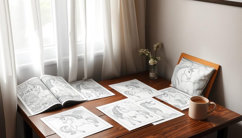 A cozy study nook, soft natural lighting filters in through sheer curtains. On a wooden table, various unicorn coloring pages are spread out, inviting exploration. The pages range from intricately detailed fantasy scenes to simple line-drawn outlines, allowing the viewer to choose their desired level of complexity and relaxation. A cup of hot tea or coffee sits nearby, setting the mood for a peaceful, mindful coloring session. The overall atmosphere is one of tranquility and self-care, encouraging the viewer to find the unicorn coloring page that best suits their current needs and preferences.
