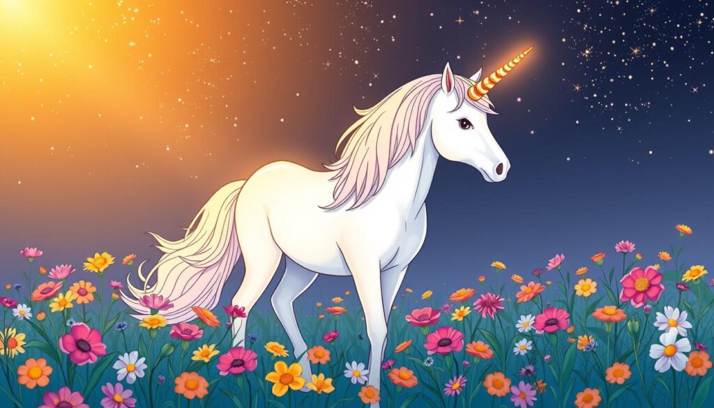 A delightful unicorn, its mane and tail flowing gracefully, stands amidst a field of vibrant flowers. The unicorn's horn gleams in the soft, golden light, casting a magical glow over the scene. In the background, a starry night sky twinkles, adding to the enchanting atmosphere. The image is composed with a focus on the unicorn, allowing its majestic presence to captivate the viewer. The overall tone is whimsical and educational, suitable for a children's coloring page that explores the educational benefits of this mythical creature.
