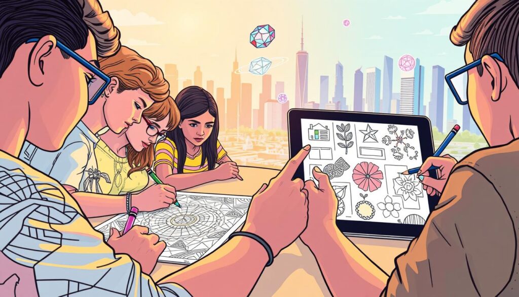 A detailed, colorful illustration of vibrant, futuristic coloring pages designed for engaged teenage artists. In the foreground, a diverse group of teens intently coloring playful, intricate geometric patterns and abstract designs with a range of high-quality markers and colored pencils. The middle ground features a sleek, modern tablet displaying interactive, customizable coloring templates. In the background, a stylized cityscape with skyscrapers and floating holograms, conveying a sense of technological innovation and the evolution of traditional pastimes. Warm, diffused lighting creates an inviting, immersive atmosphere. Captured through a wide-angle lens to showcase the dynamic, forward-thinking scene.