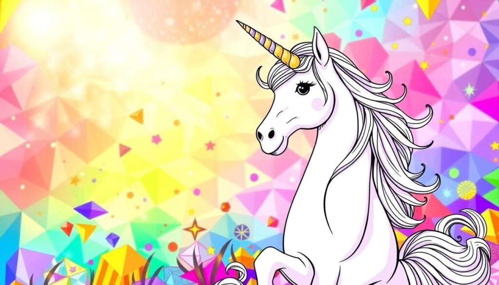 A detailed, vibrant unicorn coloring page set against a dynamic, color-rich background. In the foreground, the unicorn is rendered in a whimsical, fantastical style, its mane and tail flowing expressively. The middle ground features an array of colorful geometric shapes and patterns, creating a sense of visual depth and psychological depth. In the background, a soft, ethereal gradient of hues evokes a sense of serenity and introspection. Subtle, natural lighting illuminates the scene, casting a warm, glowing ambiance. The overall composition and color palette convey the powerful role of color psychology in shaping the relaxation and contemplative experience of the viewer.