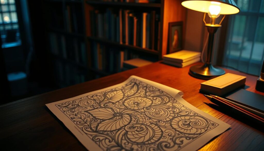 A dimly lit, cozy study scene with an intricate, hand-drawn coloring sheet laid out on a wooden desk. The sheet features a complex, organic design with swirling patterns, delicate line work, and a range of shades from muted earth tones to vibrant, jewel-like hues. A single desk lamp casts a warm glow, illuminating the sheet and casting soft shadows across the surface. In the background, bookshelves line the walls, casting a sense of contemplation and thoughtfulness. The overall mood is one of quiet concentration and creative exploration, perfectly suited for an article on engaging teens with coloring activities.