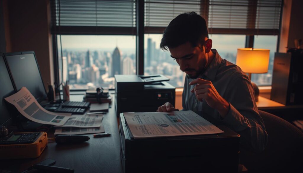 A dimly lit office desk, the surface scattered with various tools and office supplies. In the foreground, a furrowed brow as a person examines a malfunctioning printer, their hands poised to tinker with the inner workings. The middle ground showcases an array of papers, each marked with a range of printing issues - faded text, misaligned graphics, or paper jams. In the background, a window offers a glimpse of a bustling cityscape, a reminder of the wider world beyond this moment of troubleshooting. The lighting is soft and moody, casting warm shadows that add depth and atmosphere to the scene. The overall mood conveys a sense of focus and problem-solving, as the individual works to resolve the printing challenges before them.