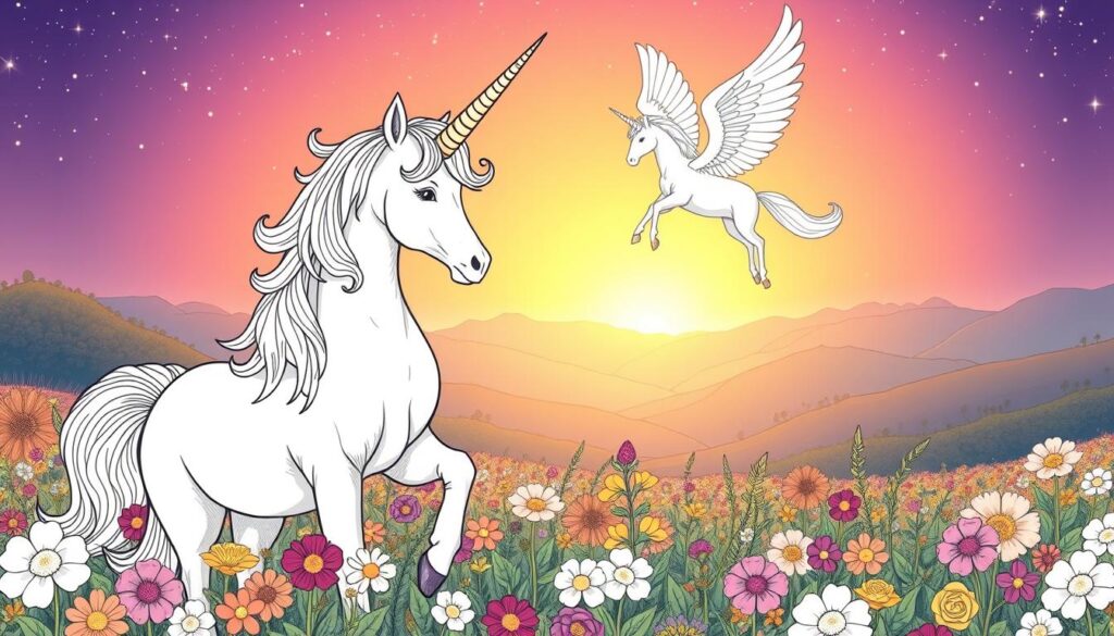 A fantastical realm of whimsical unicorns, pegasi, and other mythical creatures come to life in a series of intricate, hand-drawn coloring pages. The foreground depicts a majestic unicorn, its horn a shimmering spiral of iridescent light, standing amid a field of vibrant flowers and lush foliage. In the middle ground, a winged pegasus soars gracefully, its ethereal wings casting a soft, celestial glow. The background features a hazy, dreamlike landscape with distant mountains and a starry, twilight sky, capturing the enchanting essence of a magical, fairytale world. Rendered in a warm, inviting color palette, this image invites the viewer to unleash their creativity and lose themselves in the boundless wonder of unicorn-themed coloring pages.