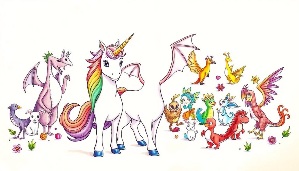 A fantastical scene of colorful, whimsical animal characters on a blank page, ready to be filled with vibrant hues and imaginative designs. In the foreground, a magical unicorn, its horn glimmering, stands proudly, awaiting the touch of colored pencils or markers. Flanking it, a playful dragon and a wise, winged griffin, all poised to come to life through the creative expression of the viewer. The middle ground features an array of smaller creatures, from playful bunnies to mystical phoenixes, each begging to be brought to life. The background is a pristine white canvas, a blank slate for endless possibilities. Warm, natural lighting casts a dreamlike glow, inspiring a sense of wonder and creativity. The mood is one of enchantment, inviting the viewer to dive into a world of imagination and self-expression.