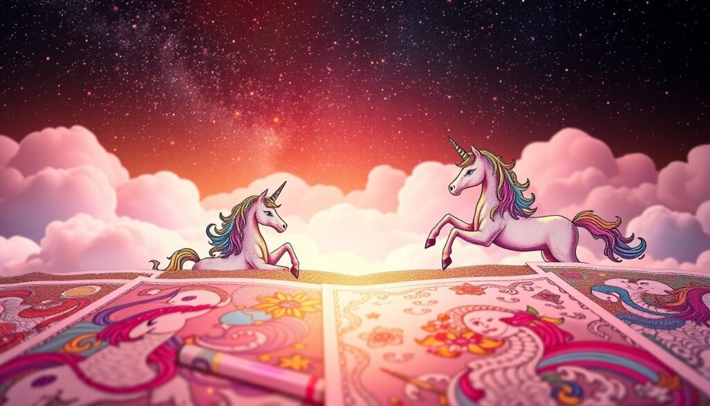 A fantastical scene of vibrant unicorn coloring pages, set against a whimsical backdrop. In the foreground, a kaleidoscope of colors dance across the pages, each teeming with intricate patterns and mythical creatures. Shimmering hues of pink, blue, and gold cascade across the surface, inviting the viewer to pick up their crayons and lose themselves in a world of creativity and imagination. The middle ground features a soft, cloud-like gradient, lending an ethereal, serene quality to the composition. In the distance, a starry night sky twinkles, casting a soothing glow and emphasizing the sense of tranquility. Warm, diffused lighting illuminates the scene, creating a sense of magic and wonder. This image perfectly captures the essence of "The Importance of Color Selection" - where the choice of vibrant, harmonious colors can elevate a simple coloring page into a work of art.
