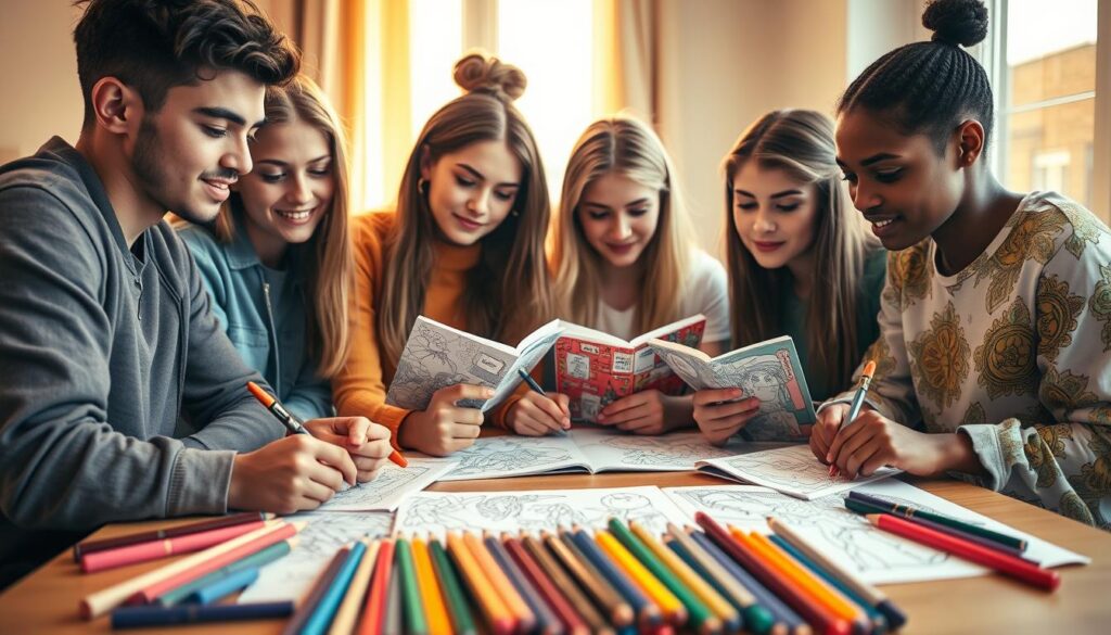 A group of diverse teenage friends gathered around a table, intently coloring whimsical, contemporary designed coloring books. The scene is bathed in warm, natural lighting from a nearby window, casting a cozy, inviting atmosphere. The teenagers' expressions are focused yet relaxed, suggesting an activity that is both engaging and therapeutic. In the foreground, an array of high-quality colored pencils, markers, and gel pens are neatly arranged, complementing the stylized, abstract illustrations within the coloring books. The middle ground features the teenagers themselves, dressed in casual, trendy attire, leaning over the table in a collaborative, social setting. The background softly blurs, emphasizing the central activity and the teenagers' immersion in their creative endeavor.