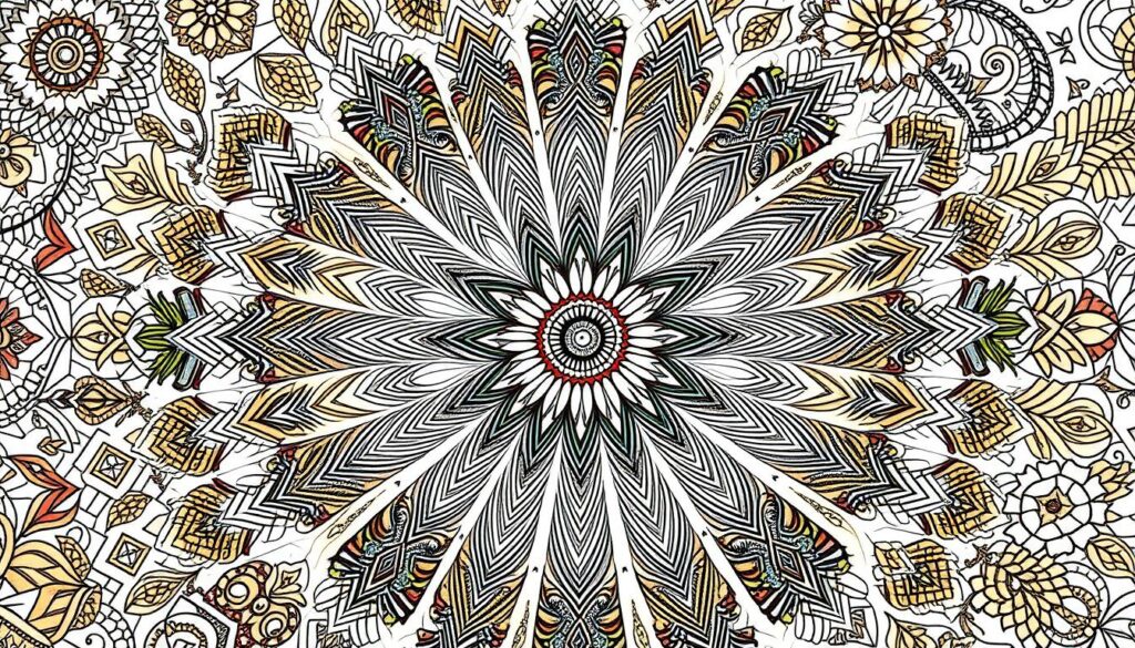 A highly detailed, intricately patterned coloring sheet, showcasing a rich tapestry of intricate designs and motifs. The foreground features a central mandala-like pattern, its radial symmetry accentuated by delicate linework and a harmonious color palette of warm earth tones, cool blues, and vibrant jewel-like hues. The middle ground is filled with an array of nested geometric shapes, organic curvilinear patterns, and whimsical flourishes, creating a sense of depth and visual interest. The background is a soft, hazy gradient, allowing the intricacies of the coloring sheet to take center stage, inviting the viewer to get lost in the meditative process of coloring. Lit by a warm, diffused light, the entire scene exudes a calming, contemplative atmosphere, perfect for enhancing the coloring experience.