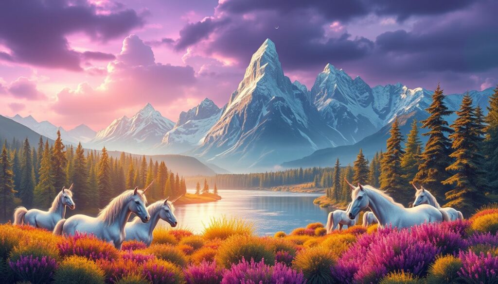 A lush, enchanted landscape where unicorns frolic amidst magical forests and shimmering lakes. The foreground features a herd of unicorns - their horns sparkling in the golden sunlight, their coats shimmering with iridescent hues. In the middle ground, towering crystalline mountains rise up, their peaks adorned with glittering snowcaps. The background showcases a deep, moody sky, tinged with shades of lavender and indigo, creating a sense of wonder and mystery. Soft, diffused lighting illuminates the scene, casting a warm, dreamlike glow. The overall composition evokes a feeling of tranquility and whimsy, perfect for a relaxing unicorn-themed coloring page.
