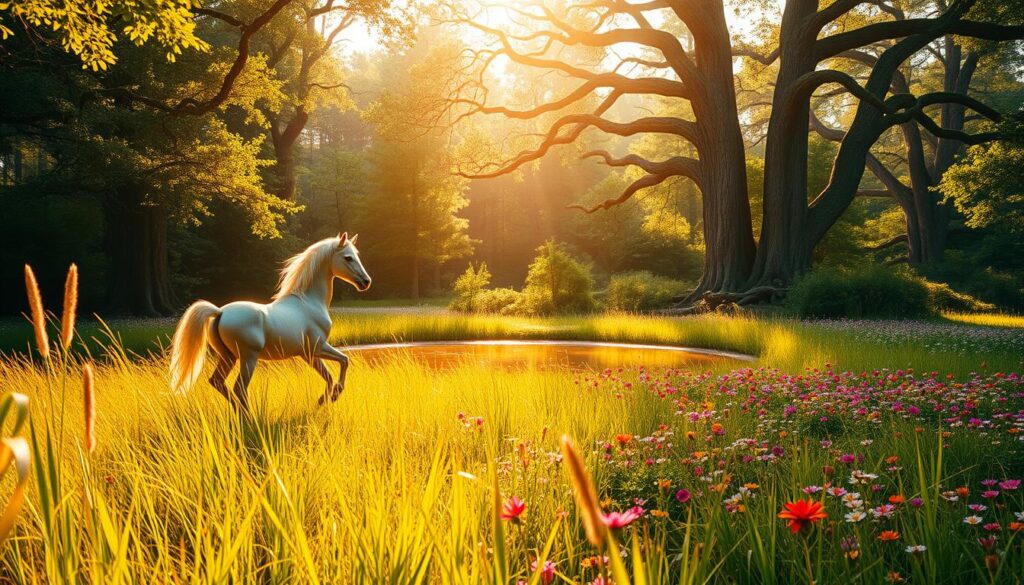 A lush, vibrant forest clearing with a serene pond, bathed in warm, golden sunlight. In the foreground, a majestic unicorn emerges from the foliage, its horn gleaming and its coat shimmering with a spectrum of colors. The unicorn's hooves are delicately stepping through the tall, swaying grass, as if in a graceful dance. In the middle ground, a field of colorful wildflowers surrounds the pond, their petals gently swaying in the light breeze. In the background, towering ancient trees rise up, their branches creating a natural canopy that filters the sunlight, casting a soft, dreamy glow over the entire scene. The overall mood is one of enchantment, harmony, and a sense of timeless beauty.