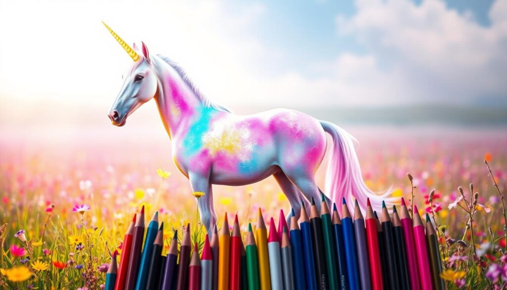 A magical unicorn standing in a vibrant meadow, its horn glowing with an ethereal light. The creature's coat shimmering with a rainbow of colors, inviting the viewer to imagine the array of artistic tools that could capture its beauty. Soft, diffused lighting illuminates the scene, creating a serene and dreamlike atmosphere. In the foreground, an assortment of high-quality markers, crayons, and colored pencils await, ready to bring this enchanting vision to life on the page. The composition is balanced, with the unicorn positioned slightly off-center, allowing ample space for the viewer's own creative exploration.
