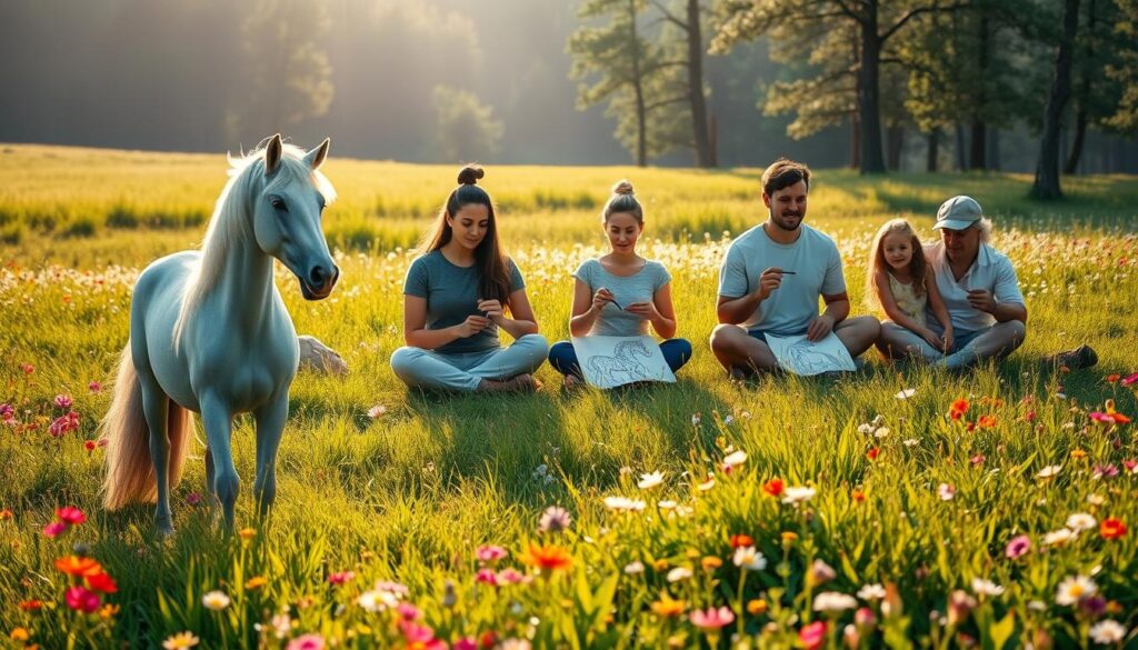 A peaceful meadow filled with vibrant wildflowers and lush green grass. In the foreground, a serene unicorn stands, its coat shimmering in the soft, warm light. The unicorn's horn glows with a gentle, soothing radiance, emanating a sense of tranquility. In the middle ground, several people of varying ages sit cross-legged, their hands gently coloring intricate unicorn designs on parchment. Their faces are relaxed, their expressions calm and focused. The background features a distant forest, its trees casting long shadows across the scene, creating a sense of depth and atmosphere. The overall mood is one of mindfulness, relaxation, and the therapeutic benefits of engaging in the creative act of coloring unicorns.