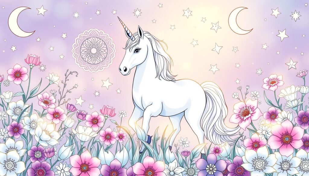 A serene and whimsical unicorn coloring book scene, featuring a majestic unicorn amidst a field of vibrant flowers, swirling mandalas, and twinkling stars. The unicorn stands majestically, its horn sparkling in the soft, magical lighting. Delicate petals and intricate floral patterns surround the unicorn, creating a visually captivating and enchanting atmosphere. In the background, celestial elements like stars and crescent moons add to the dreamlike quality of the scene. The overall composition is balanced and harmonious, inviting the viewer to immerse themselves in this fantastical, yet calming, world of unicorn-themed coloring book themes.