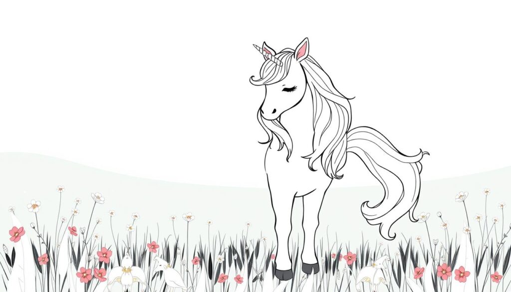 A serene and whimsical unicorn coloring page, perfect for special occasions and themed activities. A majestic unicorn with a shimmering horn and flowing, pastel mane stands in a tranquil meadow, surrounded by delicate flowers and a soft, hazy light. The unicorn's expression is gentle and inviting, beckoning the viewer to color and bring it to life. The overall scene has a sense of magic and enchantment, with a touch of elegant sophistication, suitable for both children and adults. Rendered in a classic, hand-drawn illustration style with clean, smooth lines and a soothing color palette.