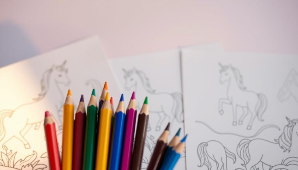 A serene scene of unicorn coloring pages, bathed in soft, warm light. In the foreground, delicate line art of unicorns in various whimsical poses, their forms elegantly outlined. The middle ground features an assortment of vibrant colored pencils, their sharpened tips beckoning the viewer to begin coloring. In the background, a soothing gradient of pastel hues, creating a sense of tranquility and focus. The overall atmosphere is one of calm reflection, inviting the viewer to engage in the mindful act of coloring, regardless of age. A scene that captures the benefits of this therapeutic and meditative practice.