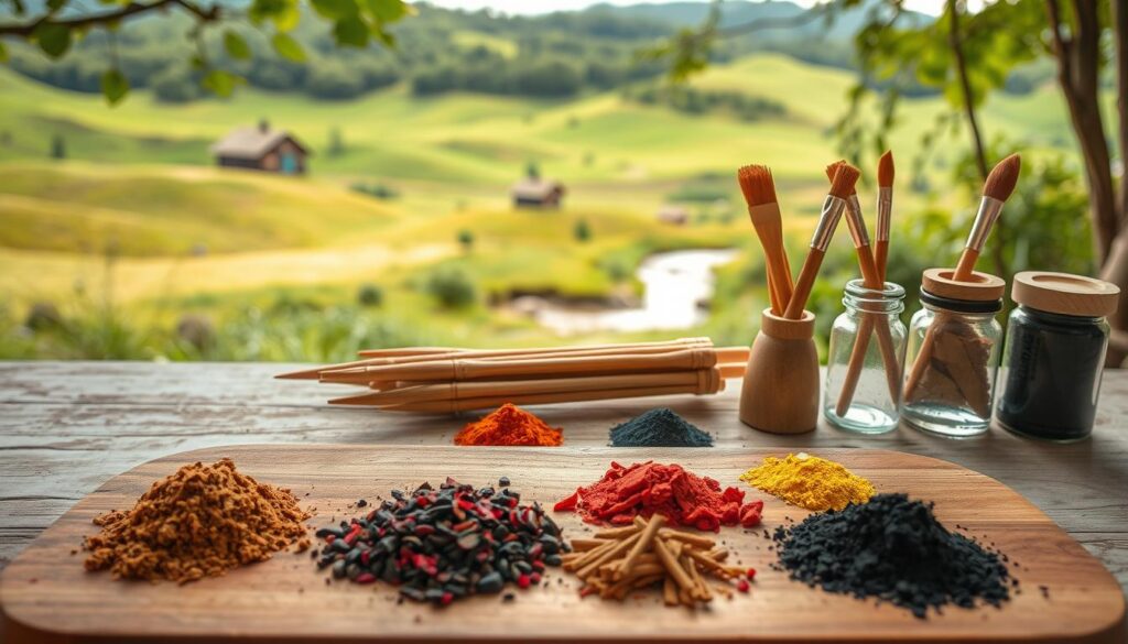 A serene, sustainably-sourced coloring materials scene. In the foreground, an assortment of natural pigments, such as ground ochre, crushed berries, and powdered charcoal, arranged neatly on a handcrafted wooden palette. The middle ground features reusable bamboo brushes and refillable ink pots, hinting at eco-friendly art supplies. In the background, a lush, verdant landscape with rolling hills, a babbling brook, and a clear, open sky, conveying a sense of environmental harmony. Soft, natural lighting casts a warm, earthy glow over the whole composition, emphasizing the organic, sustainable nature of the materials. The overall mood is one of tranquility, creativity, and environmental consciousness.