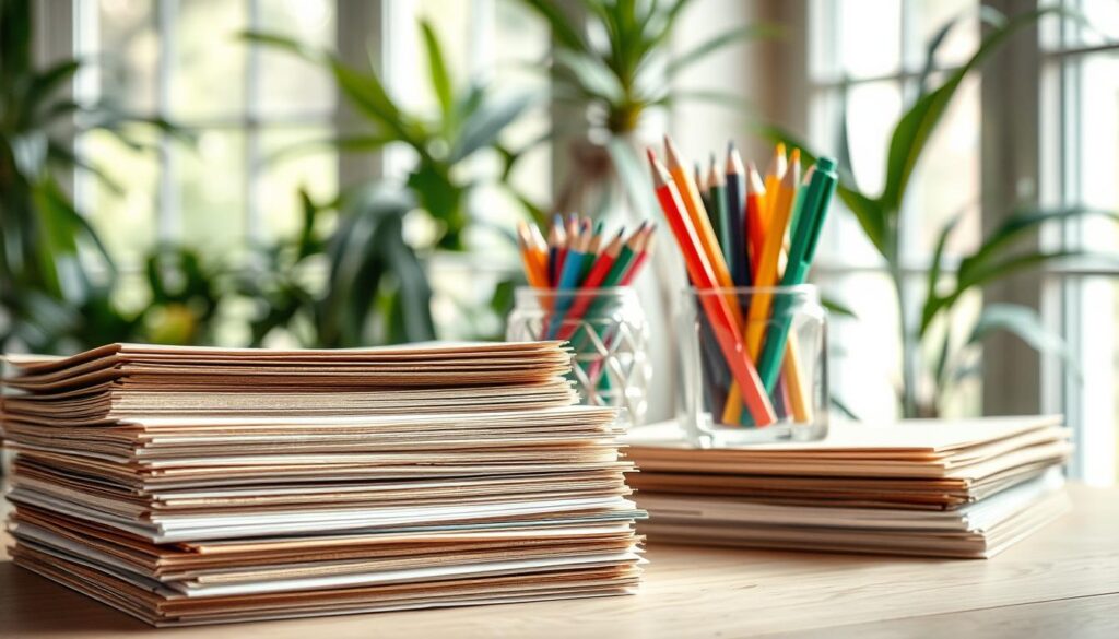 A stack of eco-friendly paper options in a well-lit, natural setting. In the foreground, various types of recycled, tree-free, and sustainable paper samples are arranged artfully, showcasing their distinct textures and tones. The middle ground features a decorative glass container holding an assortment of colorful pencils and markers, hinting at the creative potential of these eco-conscious materials. The background is a serene, plant-filled environment, with soft, diffused lighting filtering through large windows, creating a calming, inspirational atmosphere. The composition emphasizes the harmony between creativity and environmental responsibility, inviting the viewer to consider sustainable paper choices for their next printing project.