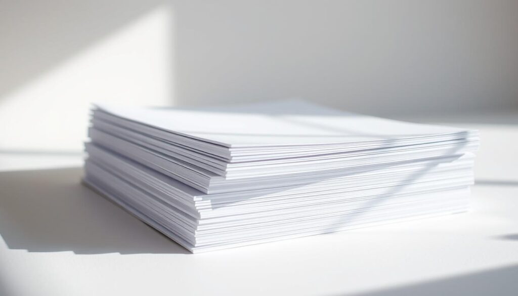 A stack of high-quality paper sheets, their thickness precisely measured for optimal coloring page performance. The pages are illuminated from above, casting soft shadows that accentuate their tactile texture. The composition is clean and minimalist, allowing the paper's qualities to take center stage. The lighting is natural and diffused, creating a serene, studio-like atmosphere. The angle is slightly elevated, providing a clear view of the paper's cross-section and inviting the viewer to appreciate its premium thickness and smoothness - perfect for vibrant, bleed-free coloring experiences.
