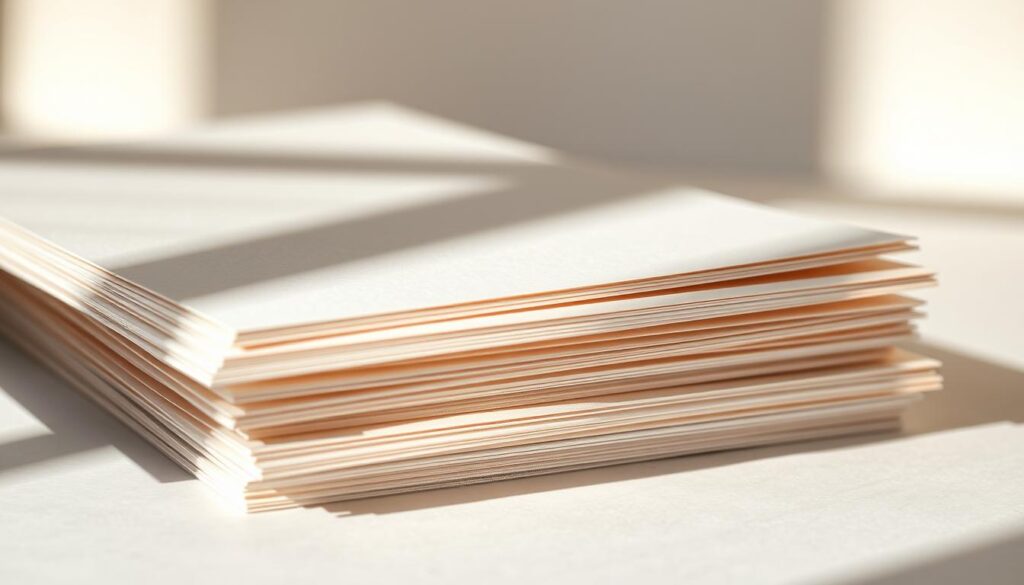 A stack of high-quality textured paper sheets in a warm, natural lighting, captured from a slightly elevated angle. The paper has a matte, lightly-coated surface, perfect for vibrant color absorption. Subtle shadows cast across the edges create depth and dimension. The paper's subtle off-white hue and fine grain texture evoke a sense of quality and craftsmanship. The overall composition exudes a calming, artistic atmosphere, highlighting the importance of superior paper quality for captivating coloring page creations.