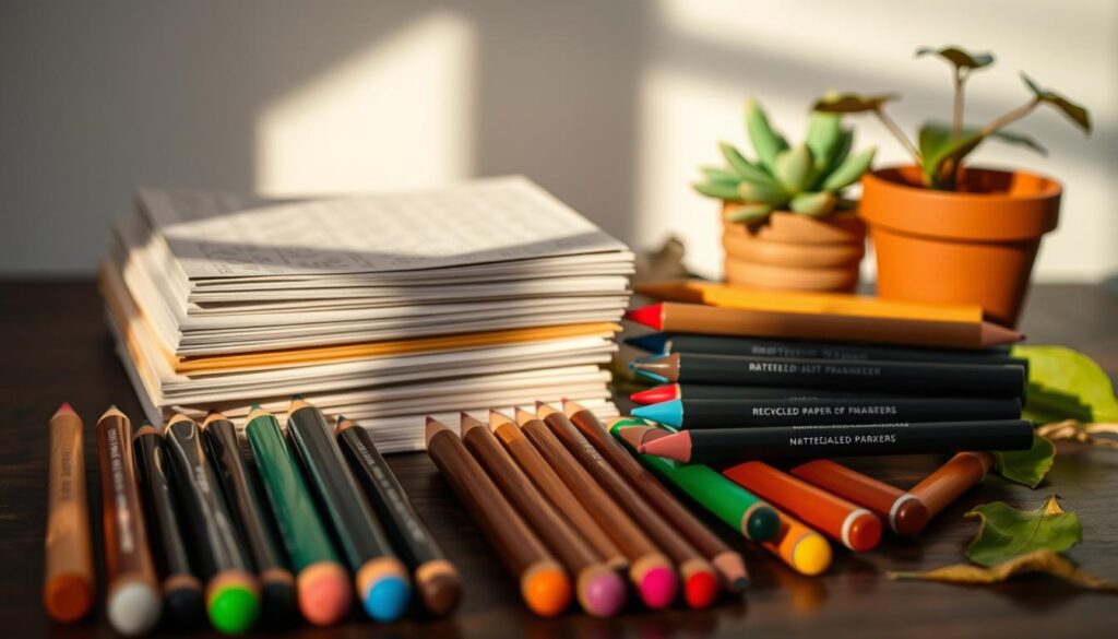 A still life composition showcasing an assortment of eco-friendly coloring supplies. In the foreground, a selection of high-quality colored pencils made from sustainably sourced wood and natural pigments. Beside them, a stack of recycled paper sketchbooks with textured covers. In the middle ground, a set of water-based markers with vibrant, earth-toned inks. Subtle natural lighting illuminates the scene, casting warm, diffused shadows. In the background, a potted succulent plant and a few fallen leaves, hinting at the natural inspirations behind these thoughtfully designed art materials. The overall mood is one of harmony, simplicity, and a celebration of sustainable creativity.