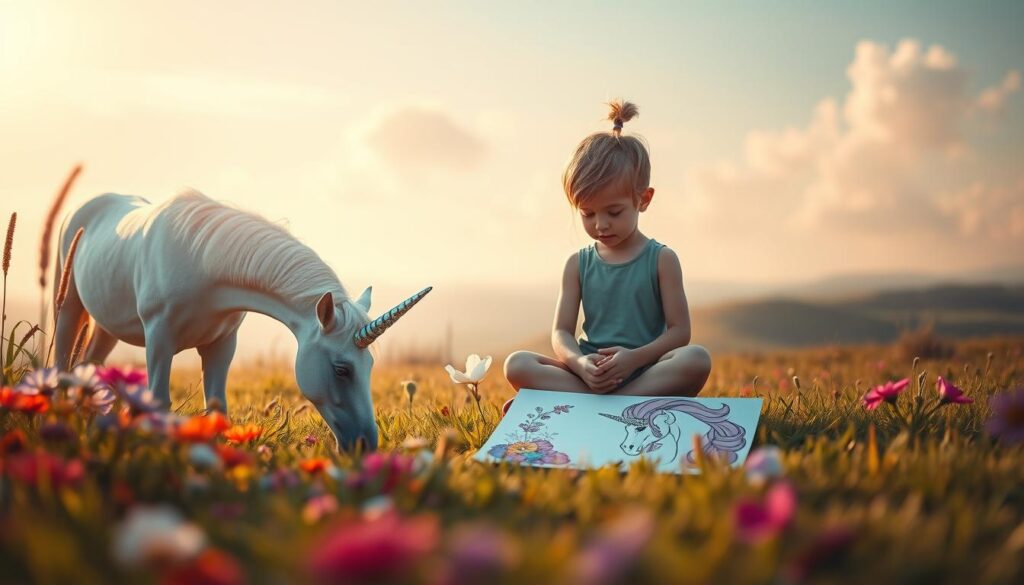 A tranquil meadow bathed in soft, warm lighting, with a serene unicorn in the foreground gently grazing on vibrant flowers. The unicorn's horn emits a calming, iridescent glow, casting a therapeutic hue over the scene. In the middle ground, a young child sits cross-legged, deeply engrossed in coloring a detailed unicorn design with a variety of rich, vivid hues. The background features wispy clouds and a distant, rolling landscape, creating a sense of peace and relaxation. The overall atmosphere evokes a feeling of mindfulness, stress relief, and the restorative power of creative expression.