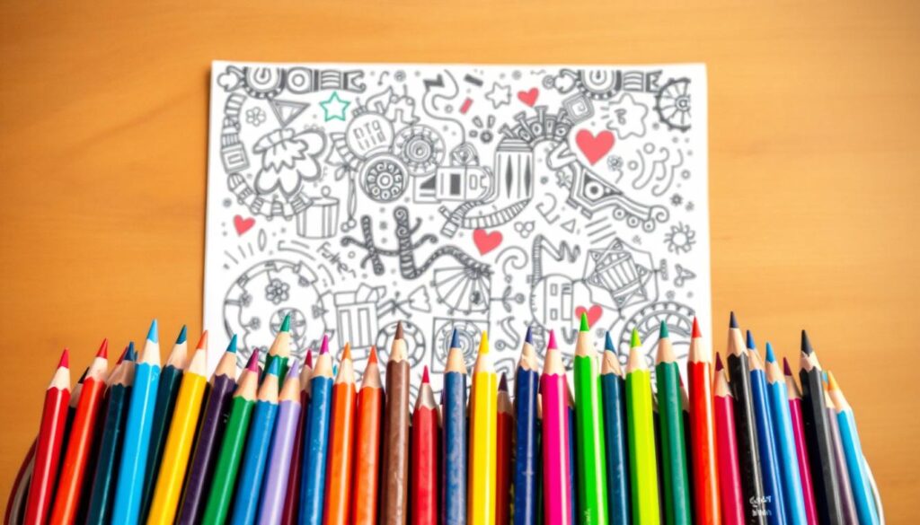 A vibrant and intricate coloring page designed for engaged teens, featuring a lively mix of geometric patterns, abstract shapes, and whimsical doodles. The foreground showcases an array of colorful pencils, markers, and pens, inviting the viewer to dive into the creative process. The middle ground displays the detailed, yet open-ended coloring page, with a balance of structured elements and free-flowing forms, allowing for personal expression. The background subtly fades into a soft, neutral tone, creating a calming and focused environment for the coloring activity. Warm, natural lighting accentuates the textures and hues, enhancing the meditative and rejuvenating experience of incorporating coloring into daily life.