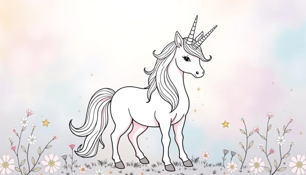 A vibrant and whimsical unicorn coloring page, set against a pastel-hued background featuring delicate floral accents and shimmering stars. The unicorn, with its majestic horn and flowing mane, stands in a serene, contemplative pose, inviting the viewer to imagine their own color palette and design. Soft, diffused lighting bathes the scene, creating a peaceful, meditative atmosphere, perfect for exploring one's creative mood and inner imagination.