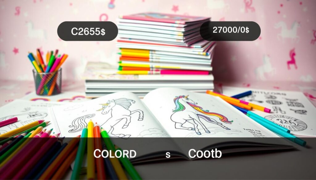 A vibrant children's unicorn coloring scene, shot in a warm and soft lighting setup. In the foreground, an open coloring book page with a detailed unicorn sketch, surrounded by a variety of rainbow-colored pencils, crayons, and markers. In the middle ground, a stack of additional coloring books and a bundle of printable unicorn pages, neatly organized. The background features a whimsical unicorn-themed pattern, with pastel swirls and sparkles, creating a magical and playful atmosphere. The composition is carefully balanced, highlighting the cost comparison between the two coloring options.