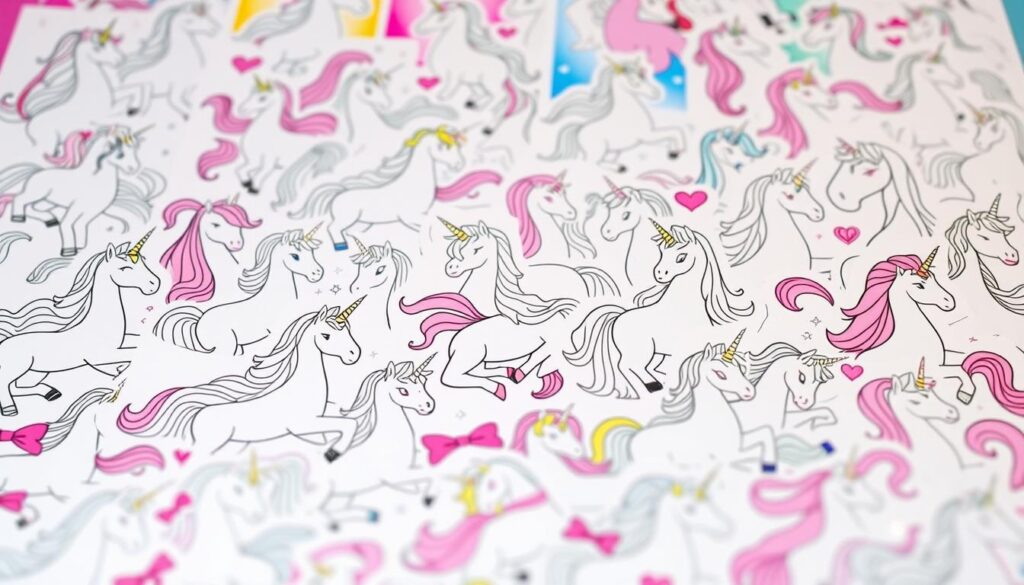 A vibrant collage of colorful unicorn coloring pages, showcasing the diversity and appeal of these whimsical designs for different age groups. In the foreground, a playful array of simple line art and basic shapes suitable for younger children, while the middle ground features more intricate patterns and detailed illustrations that challenge older kids and teenagers. In the background, a spectrum of pastel hues and ethereal sparkles create a magical, enchanting atmosphere. Soft, diffused lighting illuminates the pages, inviting the viewer to imagine the joy of bringing these unicorn illustrations to life through the art of coloring.