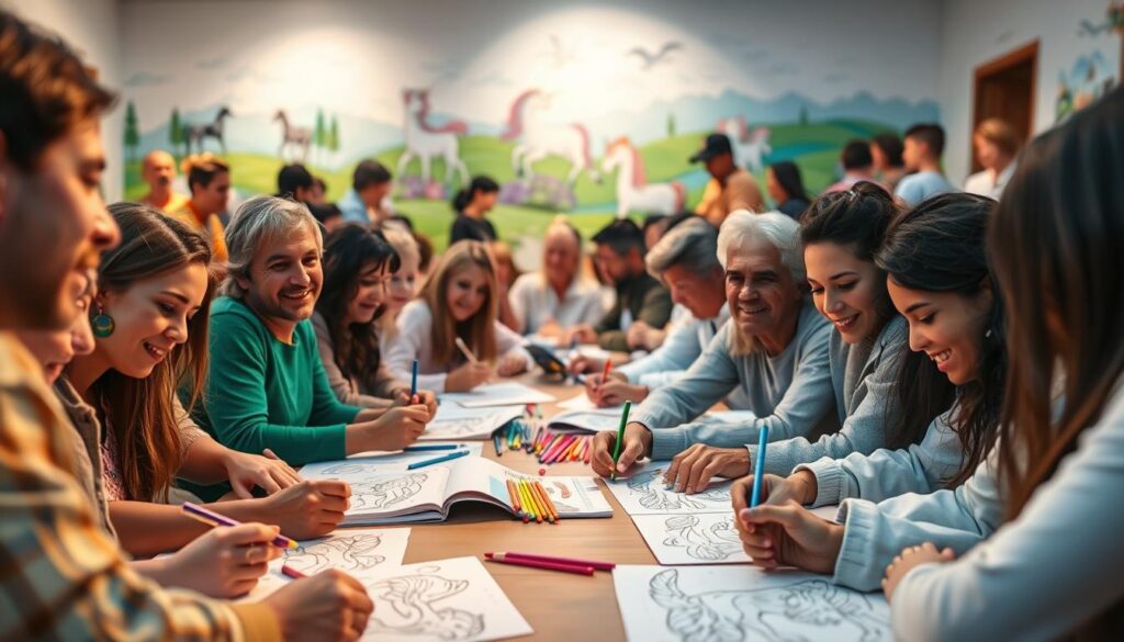 A vibrant community gathering, where people of all ages come together to express their creativity through the shared joy of coloring. In the foreground, a diverse group of individuals sit around a large table, their hands guiding colored pencils across the intricate pages of unicorn coloring books. Warm lighting casts a soft glow, evoking a sense of tranquility and togetherness. In the middle ground, the room is filled with the laughter and conversation of the participants, their faces alight with concentration and delight. The background features a mural depicting a whimsical unicorn landscape, adding to the magical atmosphere. The scene captures the essence of community engagement, where the simple act of coloring becomes a unifying experience that fosters connection, creativity, and a shared appreciation for the beauty of the unicorn.
