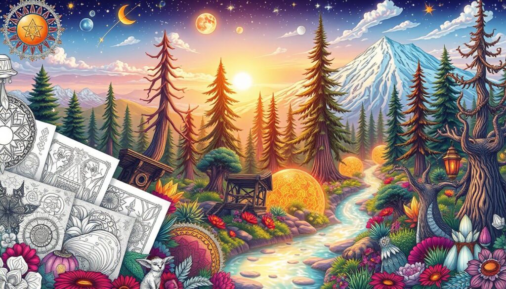 A vibrant fantasy landscape filled with whimsical, enchanting elements that would captivate teenage imaginations. In the foreground, a collection of intricate, hand-drawn coloring pages featuring mythical creatures, celestial motifs, and geometric patterns. The middle ground showcases a mystical forest with towering, twisted trees, glowing flora, and a shimmering, crystalline stream. In the background, a majestic mountain range with snow-capped peaks, bathed in a warm, golden light. The overall scene radiates a sense of wonder, creativity, and escapism, inviting teens to lose themselves in the boundless realms of fantasy art.