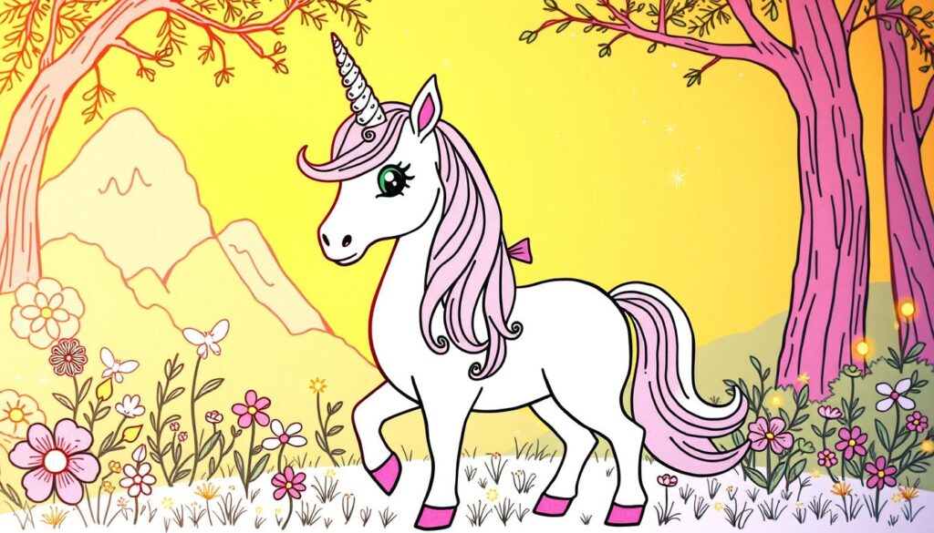 A vibrant, hand-drawn unicorn coloring page with a whimsical, playful atmosphere. The unicorn stands proudly in the foreground, its flowing mane and horn adorned with intricate swirls and patterns. The middle ground features a lush, enchanted forest backdrop, with delicate flowers and glowing fireflies surrounding the unicorn. Warm, soft lighting illuminates the scene, creating a dreamlike, magical ambiance. The composition is balanced and centered, allowing the unicorn to be the focal point. The overall style is reminiscent of classic children's illustration, inviting the viewer to pick up their crayons and bring the unicorn to life.