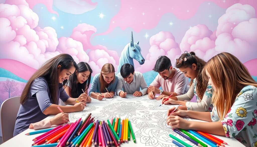A vibrant, joyful scene of people engaged in social coloring activities, set against a backdrop of lush, whimsical unicorn-inspired colors. In the foreground, a group of friends and families gather around a table, their hands diligently coloring intricate patterns in a variety of vivid hues - pinks, purples, blues, and greens. The middle ground showcases an array of colorful pencils, markers, and crayons, inviting the viewer to join in the creative expression. In the background, a dreamlike landscape unfolds, featuring swirling clouds of pastel shades, glittering stars, and the silhouette of a majestic unicorn, its horn aglow with a mesmerizing iridescent luminescence. The overall atmosphere exudes a sense of playfulness, community, and the joy of collective artistic exploration.