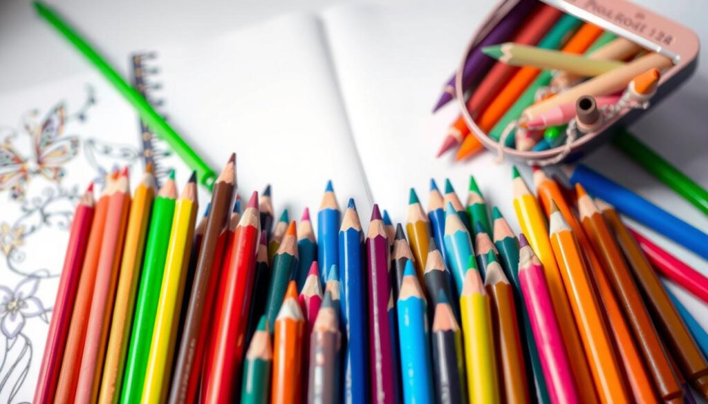 A vibrant still life showcasing an array of coloring supplies. In the foreground, an assortment of colorful markers, pencils, and crayons of various hues and thicknesses are arranged neatly. In the middle ground, a sketchpad and open drawing book provide a backdrop, hinting at the creative possibilities. The lighting is soft and diffused, casting gentle shadows and highlighting the texture of the materials. The overall composition and color palette convey a sense of artistic inspiration and the joy of self-expression through the use of these essential coloring tools.