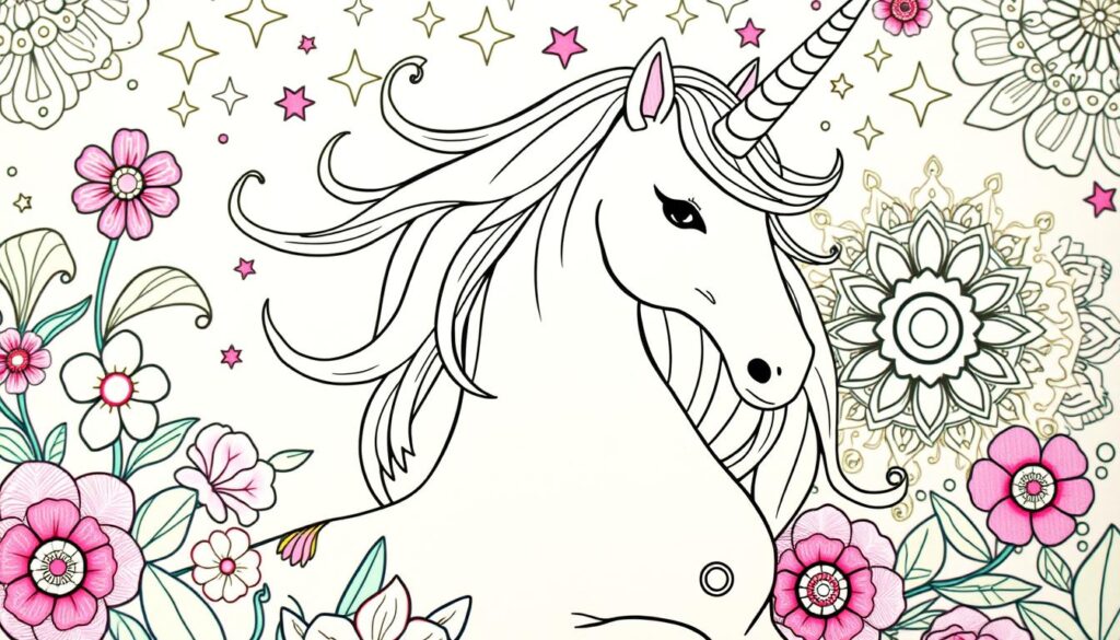 A vibrant unicorn coloring page for kids, featuring a majestic unicorn with a flowing mane and horn, set against a whimsical backdrop of colorful flowers, shimmering stars, and intricate mandala patterns. The unicorn is rendered in a soft, pastel palette, with delicate lines and textures that invite the viewer to engage in the creative process of coloring. The image is captured in a warm, natural lighting, with a slight soft focus that adds to the dreamlike quality. The composition is balanced and harmonious, drawing the eye to the central figure of the unicorn while incorporating the complementary design elements of the floral, celestial, and geometric motifs. This image perfectly encapsulates the popular styles and themes found in unicorn coloring pages for children.
