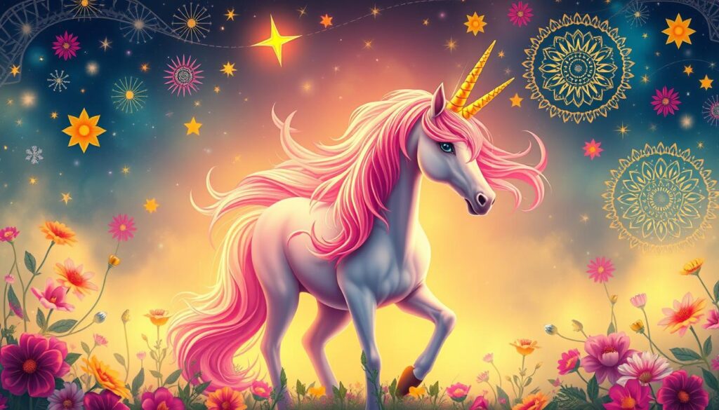 A vibrant unicorn, its horn aglow, stands in the foreground, surrounded by a whimsical array of flowers, stars, and intricate mandalas. The mythical creature's mane and tail flow gracefully, almost as if dancing to an unheard melody. The background is illuminated by a soft, warm light, casting a dreamlike atmosphere and highlighting the unicorn's striking features. The scene captures the enduring influence of this iconic symbol of magic and wonder in popular culture, inspiring awe and imagination.