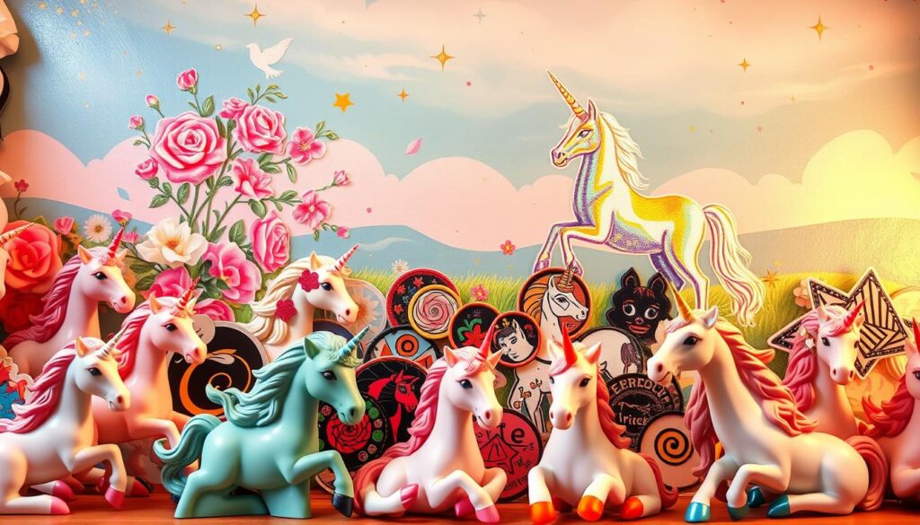 A vibrant, whimsical scene depicting the latest trends in unicorn art. In the foreground, a collection of delicately rendered unicorn figurines in an array of pastel hues, each with intricate, swirling horn designs. In the middle ground, a variety of unicorn-themed stickers, patches, and wall decals in bold, geometric patterns and metallic accents. In the background, a mural showcases a dreamlike landscape with cascading flowers, shooting stars, and a shimmering, iridescent unicorn majestically gazing into the distance. Warm, soft lighting casts a magical glow over the entire composition. The overall atmosphere is one of enchantment, creativity, and the boundless possibilities of unicorn-inspired art.