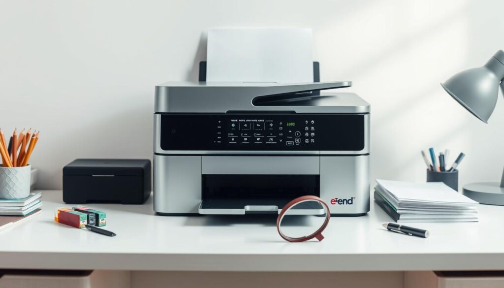 A well-lit desk with a modern printer placed prominently in the center, its control panel and settings displayed clearly. The printer is surrounded by various office supplies like paper, ink cartridges, and a magnifying glass to inspect print quality. The background is a clean, minimalist workspace with a neutral color palette, allowing the printer and its settings to be the focal point. Soft, directional lighting casts subtle shadows, highlighting the details of the printer's features. The overall scene conveys a sense of precision, organization, and a focus on achieving high-quality print results.