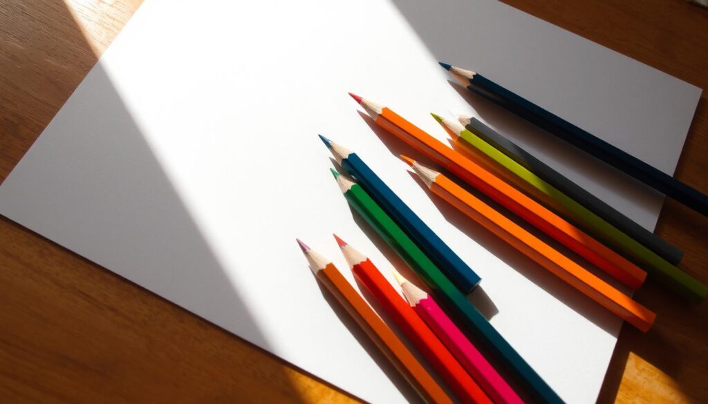 A well-lit desktop scene, with an assortment of sharpened colored pencils arranged neatly on a crisp white sheet of drawing paper. The pencils are positioned to showcase their vibrant hues, casting soft shadows that add depth and dimension. The paper surface is smooth and inviting, ready to receive the artist's creative strokes. Warm, natural lighting floods the composition, creating a serene and inspirational atmosphere. The camera angle is slightly elevated, providing a clean, unobstructed view of the harmonious pairing of tools and medium, emphasizing their compatibility and the potential for beautiful, high-quality artwork.