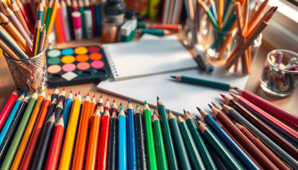 A well-lit, highly detailed still life arrangement showcasing a variety of coloring tools and supplies. In the foreground, an assortment of high-quality colored pencils, markers, and gel pens in a range of vibrant hues are neatly displayed. In the middle ground, a sketchpad, a set of watercolor paints, and a small jar of paintbrushes sit atop a wooden table. The background features a soft, out-of-focus arrangement of additional art supplies, such as erasers, sharpeners, and a cup of colorful drawing utensils. The lighting is warm and natural, creating a cozy, creative atmosphere. The composition is visually balanced and the focus is sharp, making each individual item clearly visible.