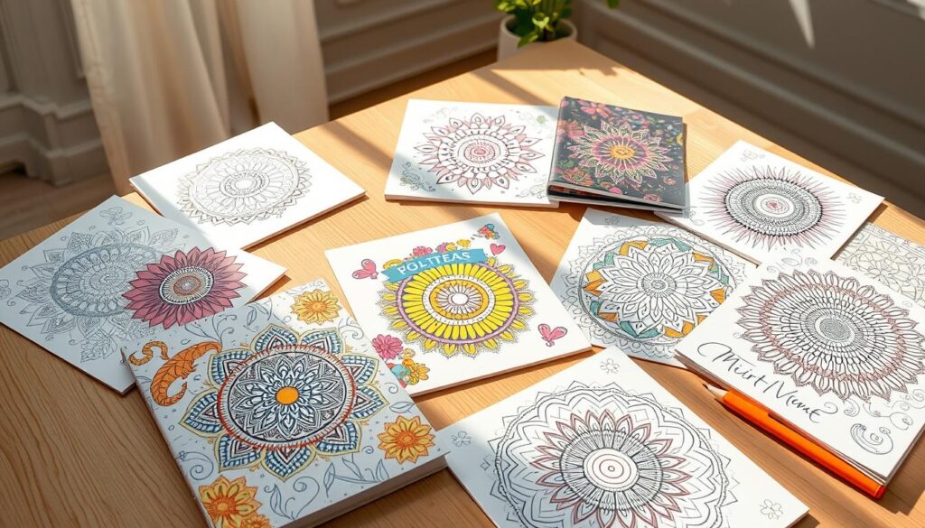 A well-lit, teenager-centric composition featuring an assortment of vibrant, whimsical coloring books scattered across a clean, minimalist wooden table. The coloring books showcase a diverse range of designs, from intricate mandalas to bold, abstract patterns, all designed to capture the interests and aesthetic sensibilities of a teenage audience. The scene is bathed in warm, natural lighting, creating a relaxed, inviting atmosphere that encourages contemplation and creativity. The camera angle is slightly elevated, allowing the viewer to fully appreciate the variety and appeal of the coloring books as the central focus of the image.