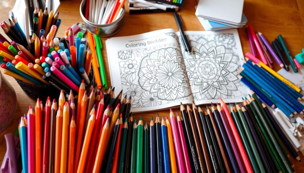 A well-organized workspace filled with an array of coloring resources. In the foreground, a variety of vibrant colored pencils, markers, and gel pens arranged neatly. In the middle ground, a sketchpad and an open coloring book showcasing intricate patterns and designs. The background features a wooden table illuminated by warm, natural lighting, creating a cozy and inviting atmosphere. The overall scene conveys a sense of creativity, focus, and the easy accessibility of the tools needed for an engaging coloring experience.