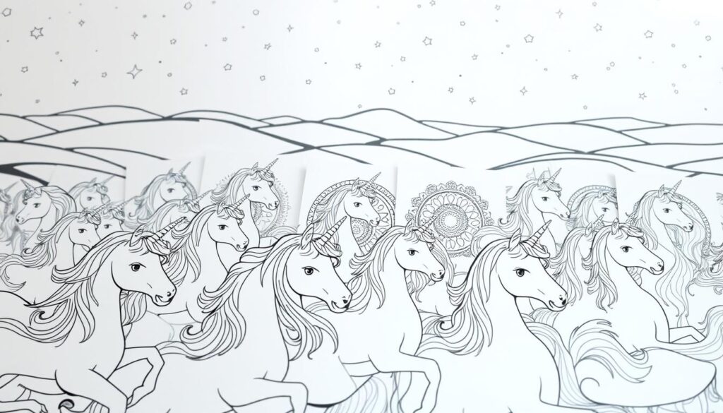 A whimsical collection of unicorn coloring pages, featuring a variety of styles and designs. In the foreground, a vibrant array of unicorns in pastel hues, their manes flowing gracefully. The middle ground showcases more intricate, mandala-inspired patterns, with swirling lines and delicate details. In the background, a serene landscape of rolling hills and starry skies, setting the stage for a calming and meditative coloring experience. The lighting is soft and diffused, creating a dreamlike atmosphere. Photographed with a wide-angle lens to capture the full breadth of the diverse coloring sheets.