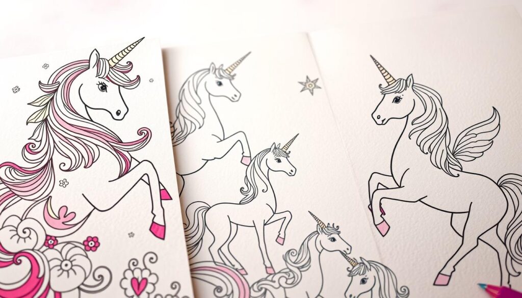 A whimsical composition depicting a collection of intricate unicorn coloring pages. The foreground showcases detailed, hand-drawn unicorn designs with vibrant colors, swirling patterns, and ornate floral accents. In the middle ground, simple line-art unicorn outlines in a variety of poses invite the viewer to imagine their own colorful interpretations. The background features a soft, pastel-hued gradient, creating a serene and inviting atmosphere. The lighting is warm and diffused, highlighting the textural quality of the paper surfaces. The overall scene conveys a sense of relaxation, creativity, and the joy of coloring unicorns.