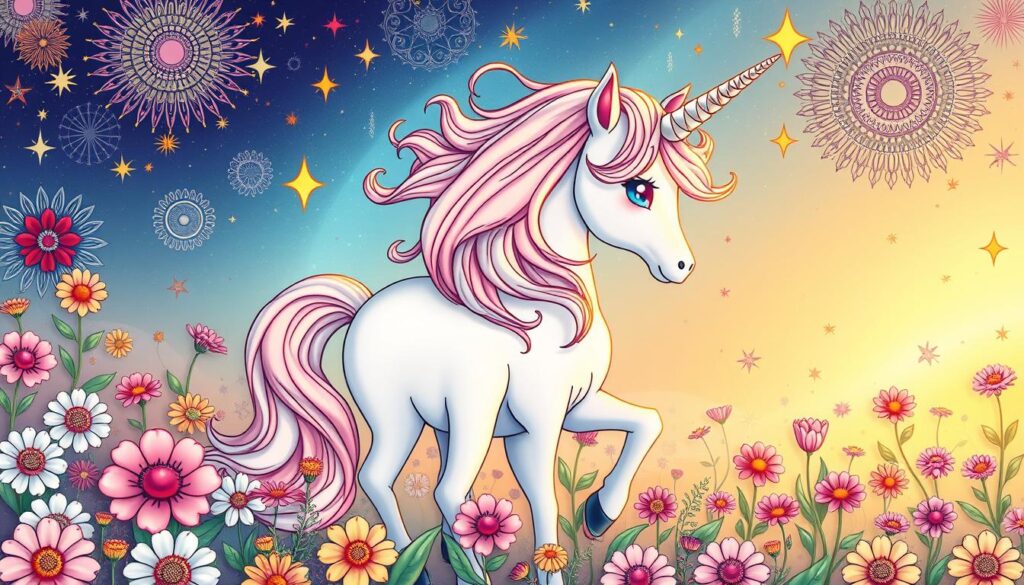 A whimsical fantasy scene of a beautiful unicorn with a flowing mane and horn, gracefully standing amidst a field of colorful flowers, stars, and intricate mandalas. The unicorn's eyes shine with a gentle, mystical glow, capturing the essence of the magical realm. Soft, warm lighting illuminates the enchanting details, while the composition evokes a sense of tranquility and wonder. The scene invites the viewer to immerse themselves in the art of coloring, bringing this fantastical creature to life through vibrant hues and delicate linework.