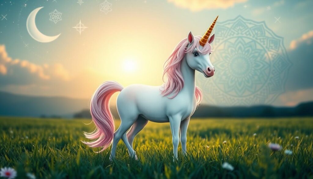 A whimsical fantasy unicorn standing in a verdant field, its horn gleaming in the soft, golden light of a setting sun. The unicorn's mane and tail flow gracefully, adorned with delicate flowers in pastel hues. In the background, a starry sky with a crescent moon casts a magical glow, while intricate mandalas swirl in the distance, creating a sense of mystical harmony. The composition is balanced, with the unicorn as the focal point, inviting the viewer to immerse themselves in this enchanting scene.