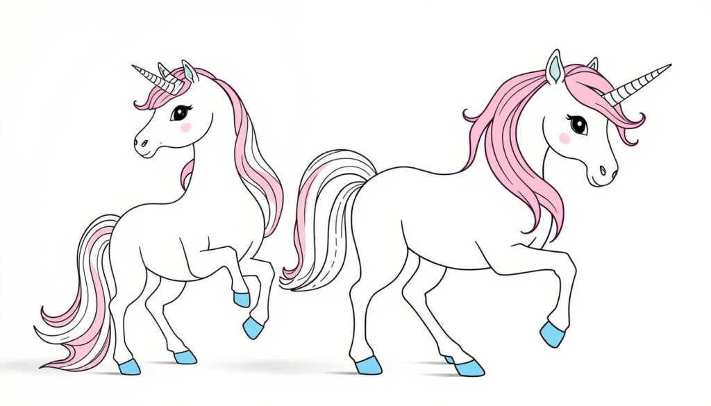 A whimsical, high-quality illustration of printable unicorn coloring pages. Crisp, vibrant colors bring the magical creatures to life against a soft, neutral background. Detailed linework outlines the unicorns' graceful forms and flowing manes, inviting the viewer to imagine coloring them. The pages are positioned naturally, as if freshly printed and ready to be enjoyed. Bright, diffused lighting creates a warm, welcoming atmosphere, making this the perfect image to inspire creativity and capture the imagination of all ages.